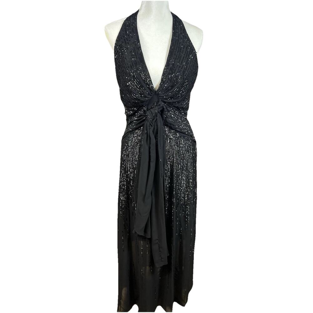 Chicas Black Sequin Halter Gown Dress Size L Backless Evening Formal Maxi
